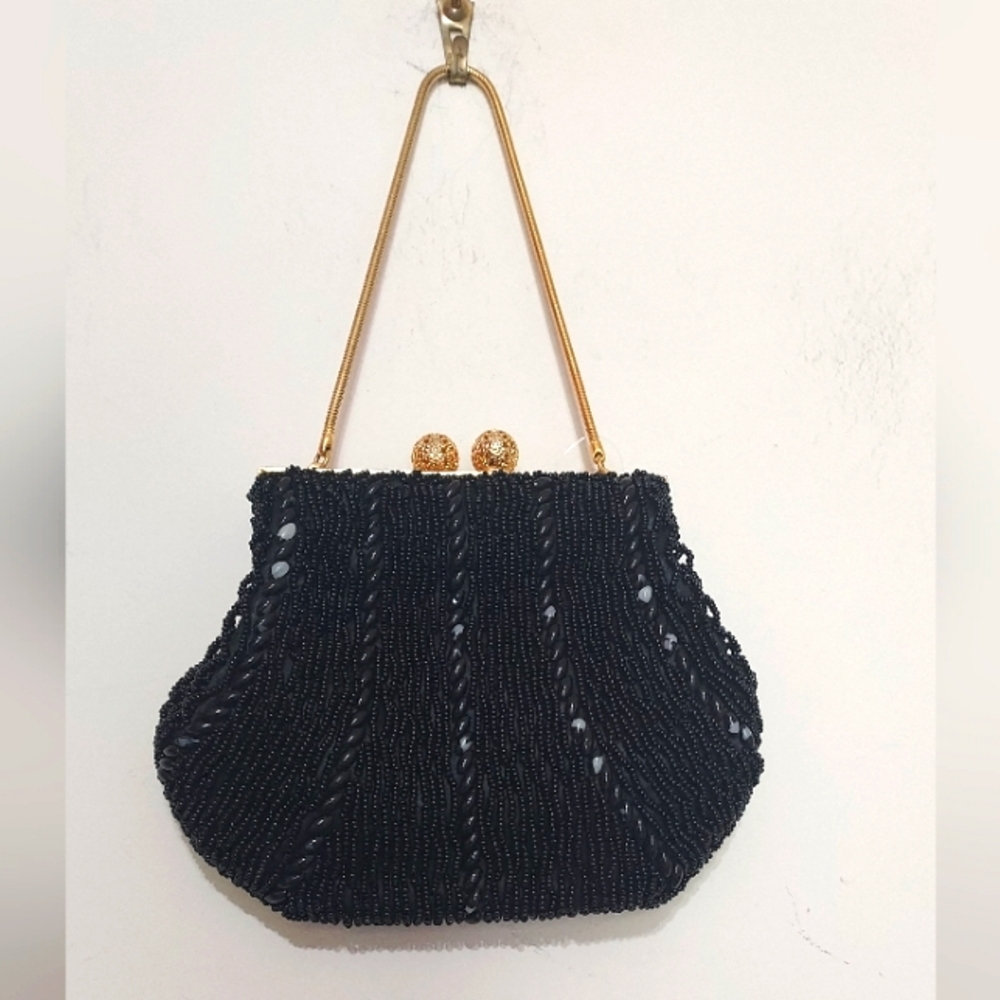 Mister Ernest Vintage Handbeaded Black And Gold Beaded Evening Bag